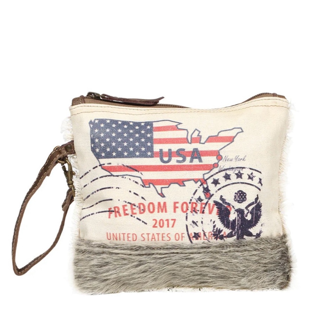 Myra canvas leather hairon USA zipper pouch wristlet/ makeupbag/cellphone NWT